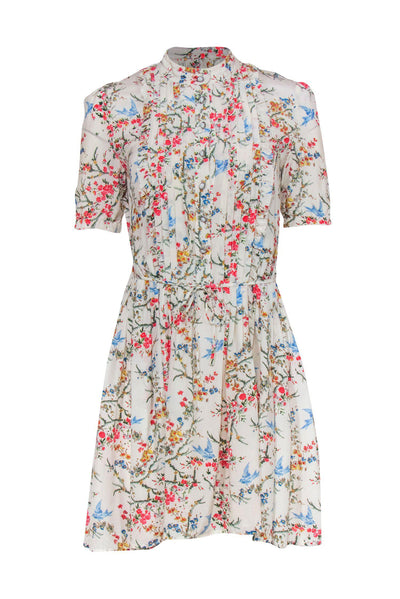 Current Boutique-The Kooples - Ivory Floral & Bird Print Short Sleeve Fit & Flare Dress Sz S