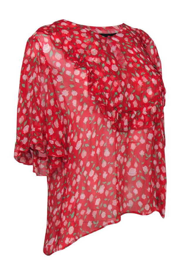 Current Boutique-The Kooples - Red, Pink & Green Rose Print Sheer Ruffled Blouse Sz 2