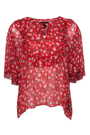 Current Boutique-The Kooples - Red, Pink & Green Rose Print Sheer Ruffled Blouse Sz 2