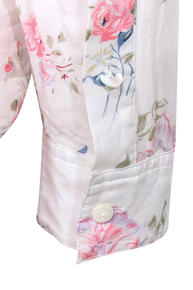 Current Boutique-The Kooples - White Rose Print Cotton/Silk Blend Collared Button-Up Blouse Sz XS