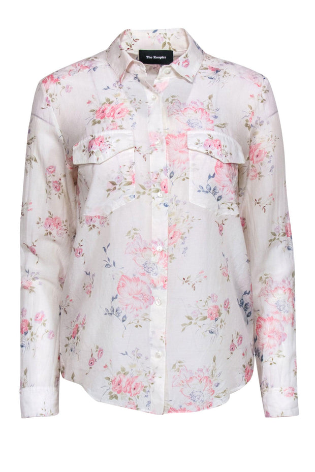 Current Boutique-The Kooples - White Rose Print Cotton/Silk Blend Collared Button-Up Blouse Sz XS