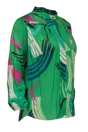 Current Boutique-The Odells - Kelly Green Peasant Blouse w/ Paint Stroke Print Sz XS