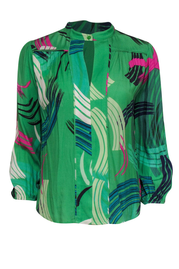 Current Boutique-The Odells - Kelly Green Peasant Blouse w/ Paint Stroke Print Sz XS