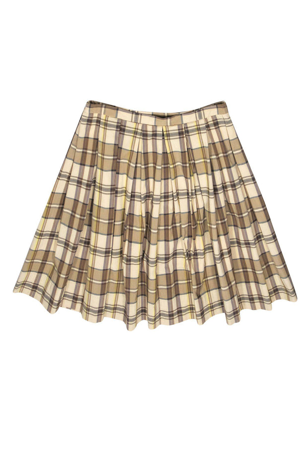 Current Boutique-Theory - Beige, Grey & Yellow Plaid Pleated A-Line Skirt Sz 8
