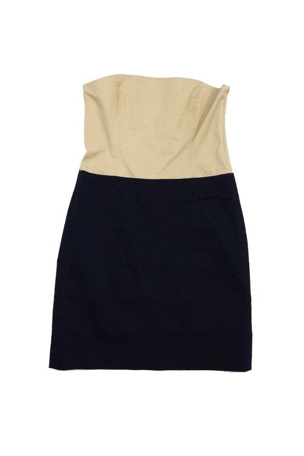 Current Boutique-Theory - Beige & Navy Cotton Strapless Dress Sz 8
