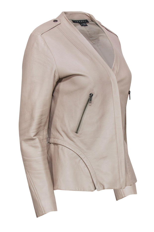 Current Boutique-Theory - Beige Smooth Leather V-Neck Jacket Sz 6