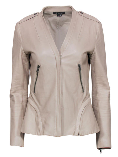 Current Boutique-Theory - Beige Smooth Leather V-Neck Jacket Sz 6