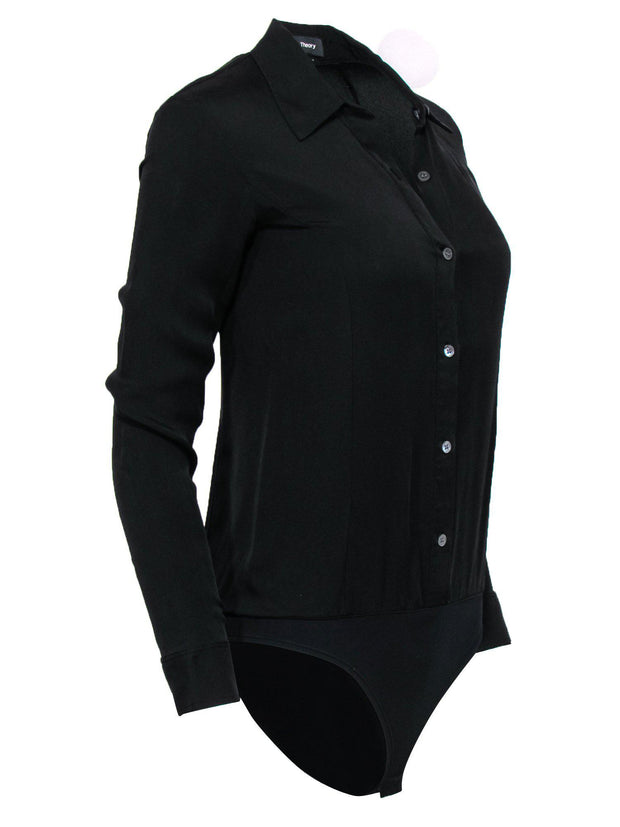 Current Boutique-Theory - Black Button-Up Long Sleeve Silk Bodysuit Sz P