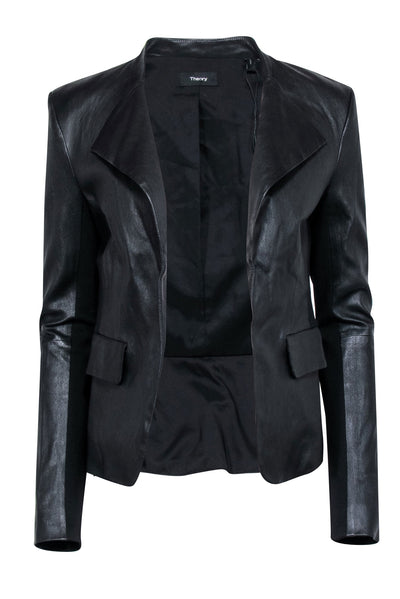 Current Boutique-Theory – Black Leather Blazer Jacket w/ Front Lapels Sz M