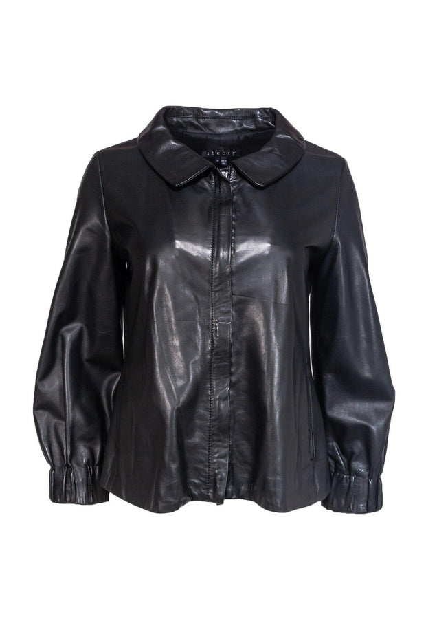 Current Boutique-Theory - Black Leather Jacket w/ Banded Cuffs Sz M