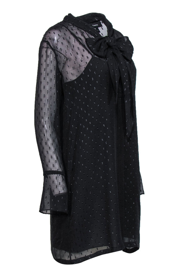 Current Boutique-Theory - Black Metallic Speckled Long Sleeve Shift Dress w/ Necktie Sz 6