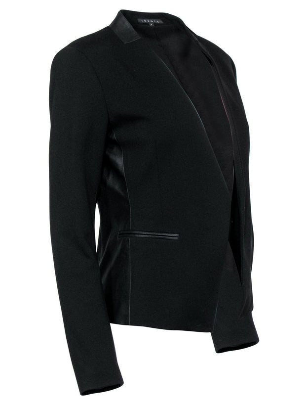 Current Boutique-Theory - Black Modern Open Front Blazer w/ Leather Trim Sz 6
