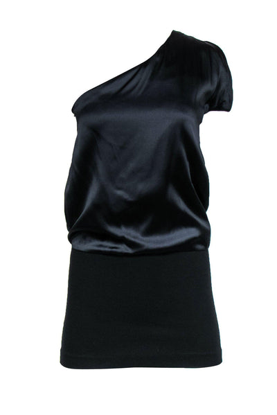 Current Boutique-Theory - Black One-Shoulder Satin & Knit Tunic Sz 4