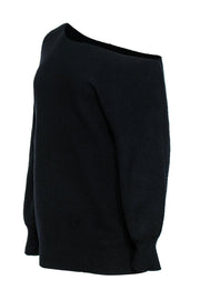 Current Boutique-Theory - Black Ribbed Slouchy One-Shoulder Wool Sweater Sz M