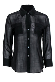 Current Boutique-Theory - Black Semi-Sheer Button-Up Blouse Sz M