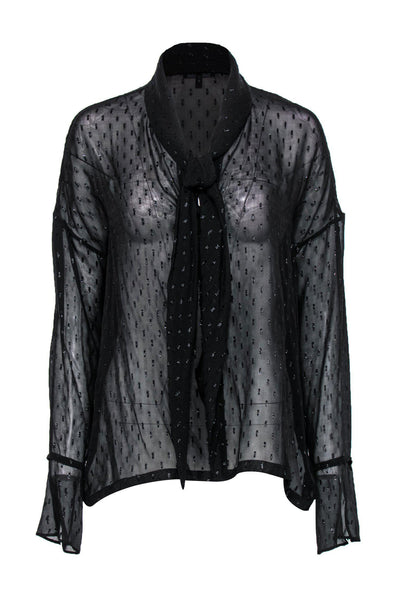 Current Boutique-Theory - Black Sheer Metallic Front Tie Blouse Sz M
