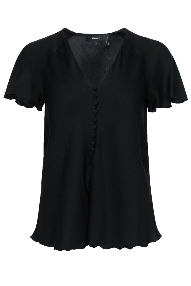 Current Boutique-Theory - Black Short Sleeve Button-Front Silk Blouse Sz P