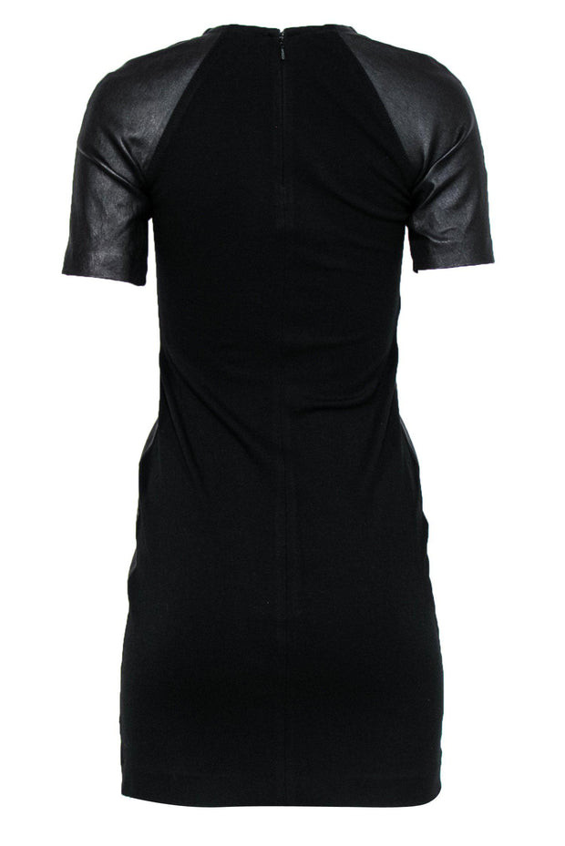 Current Boutique-Theory - Black Short Sleeve Jersey Sheath Dress w/ Leather Paneling Sz 6