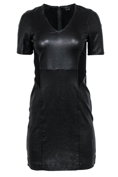 Current Boutique-Theory - Black Short Sleeve Jersey Sheath Dress w/ Leather Paneling Sz 6