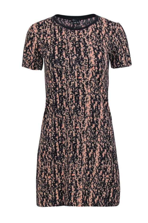 Current Boutique-Theory - Black, Tan & Pink Printed Cotton T-Shirt Dress Sz P