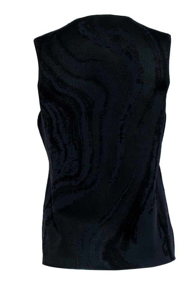 Current Boutique-Theory - Black w/Grey Oil Spill Print Stretch Knit Sleeveless Top Sz L