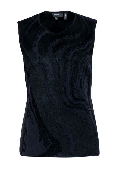 Current Boutique-Theory - Black w/Grey Oil Spill Print Stretch Knit Sleeveless Top Sz L