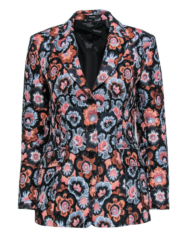 Current Boutique-Theory - Coral & Blue Floral Embroidered Blazer Sz 4