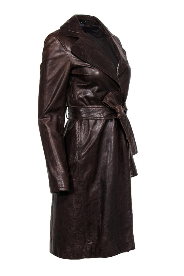 Current Boutique-Theory - Dark Brown Leather Belted Longline Coat Sz P