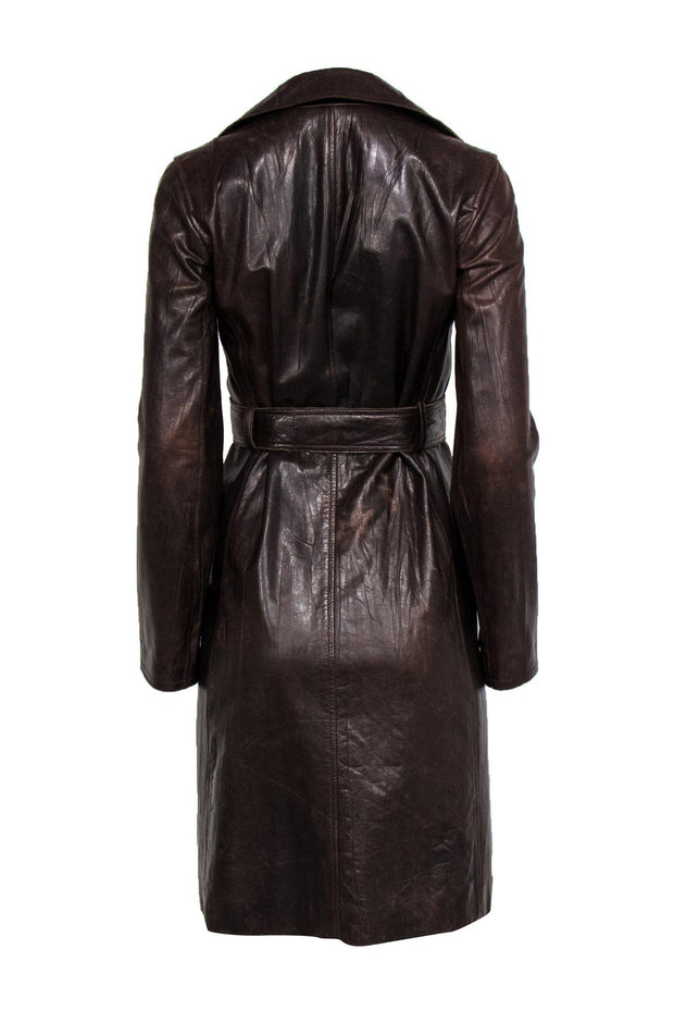 Current Boutique-Theory - Dark Brown Leather Belted Longline Coat Sz P