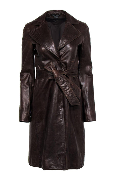 Current Boutique-Theory - Dark Brown Leather Belted Longline Coat Sz P