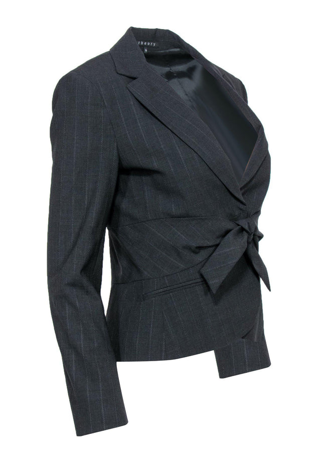 Current Boutique-Theory - Dark Grey Pinstriped Tie-Waist Blazer Sz 6