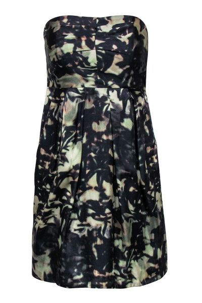 Current Boutique-Theory - Green & Black Abstract Printed Satin Strapless Dress Sz 4