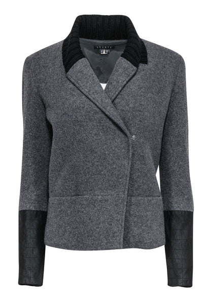 Current Boutique-Theory - Grey Clasped Wool Blend Jacket w/ Black Trim Sz S