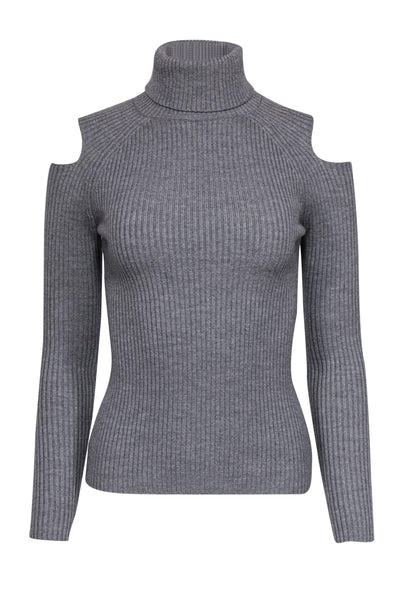Current Boutique-Theory - Grey Ribbed Knit Wool Turtleneck w/ Cold Shoulder Sz S