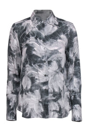 Current Boutique-Theory - Grey & White Abstract Floral Print Button-Up Silk Blouse Sz L