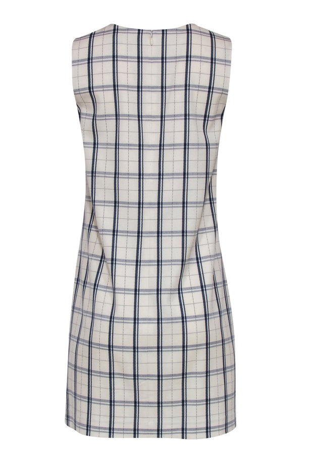 Current Boutique-Theory - Ivory & Navy Plaid Sleeveless Wool Blend Shift Dress Sz 6