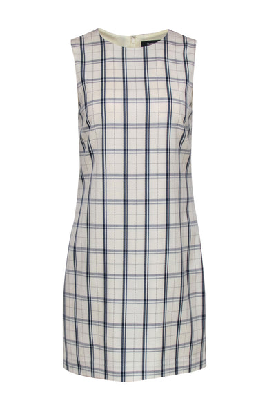 Current Boutique-Theory - Ivory & Navy Plaid Sleeveless Wool Blend Shift Dress Sz 6