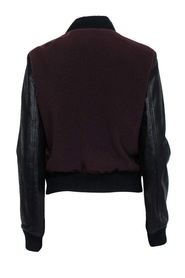 Current Boutique-Theory - Maroon & Black Button-Up Bomber Jacket w/ Leather Sleeves Sz M