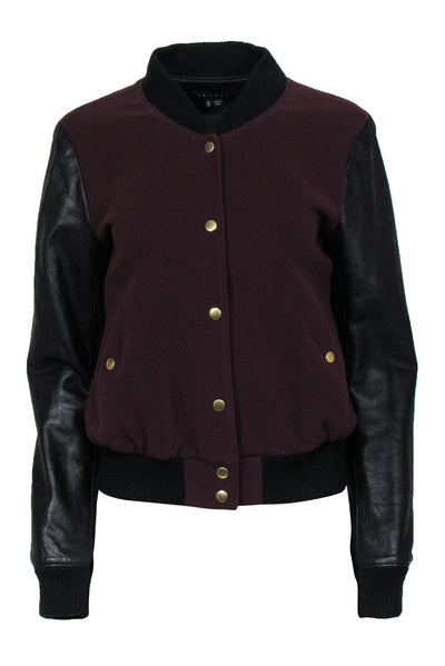 Current Boutique-Theory - Maroon & Black Button-Up Bomber Jacket w/ Leather Sleeves Sz M
