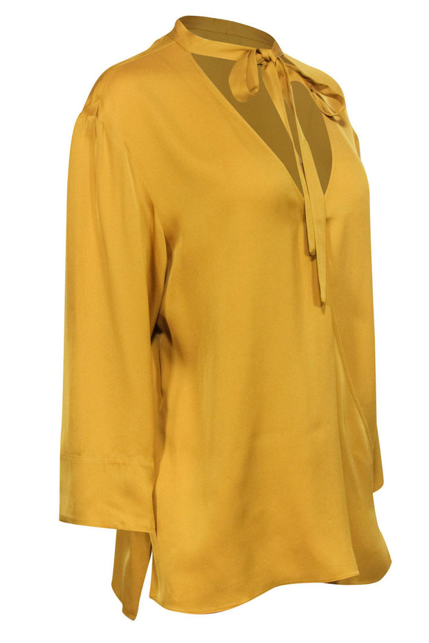 Current Boutique-Theory - Mustard Yellow Silk Neck-Tie Blouse Sz L