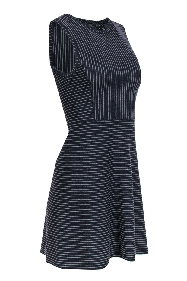 Current Boutique-Theory - Navy & Gray Striped A-Line Wool Dress Sz P