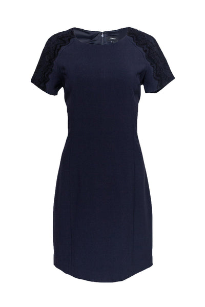 Current Boutique-Theory - Navy Sheath Dress w/ Lace Sleeve Details Sz 10