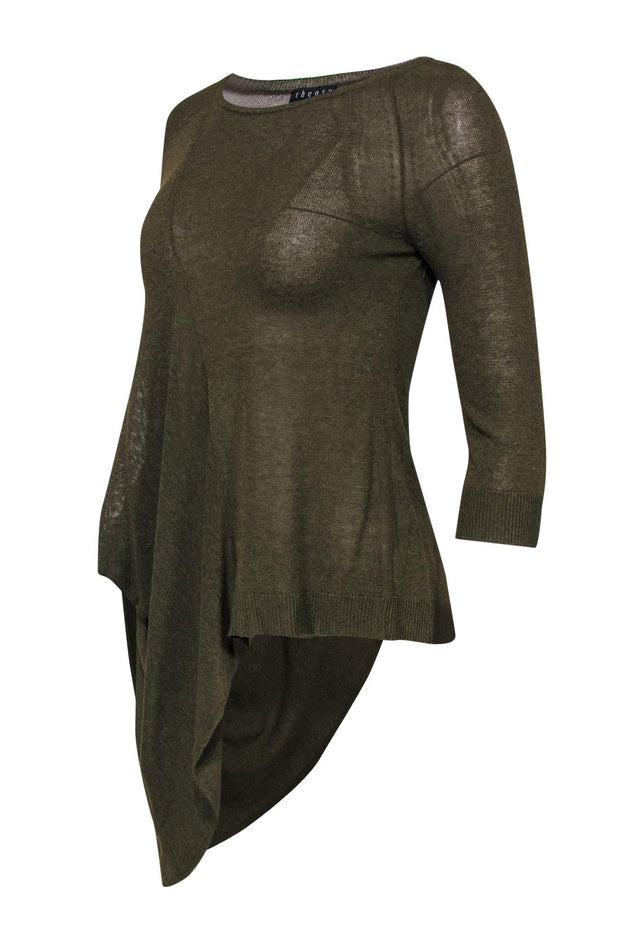 Current Boutique-Theory - Olive Cropped Sleeve Asymmetrical Draped Sweater Sz P