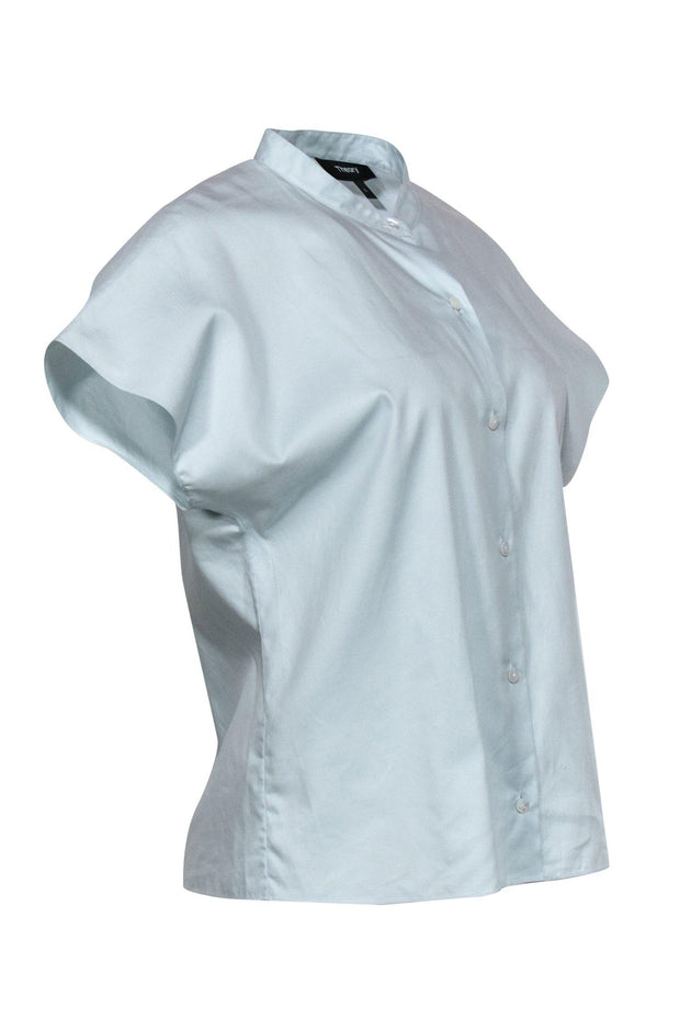 Current Boutique-Theory - Sky Blue Cotton Short Sleeve Button-Up Blouse Sz L