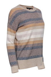 Current Boutique-Theory - Tan, White & Grey Striped Cashmere Crewneck Sweater Sz S