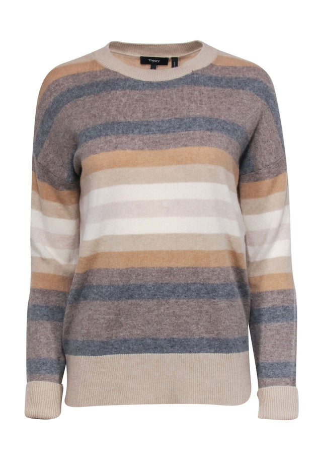 Current Boutique-Theory - Tan, White & Grey Striped Cashmere Crewneck Sweater Sz S