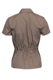 Current Boutique-Theory - Tan & White Striped Short Sleeve Button-Up Blouse w/ Peplum Hem Sz P