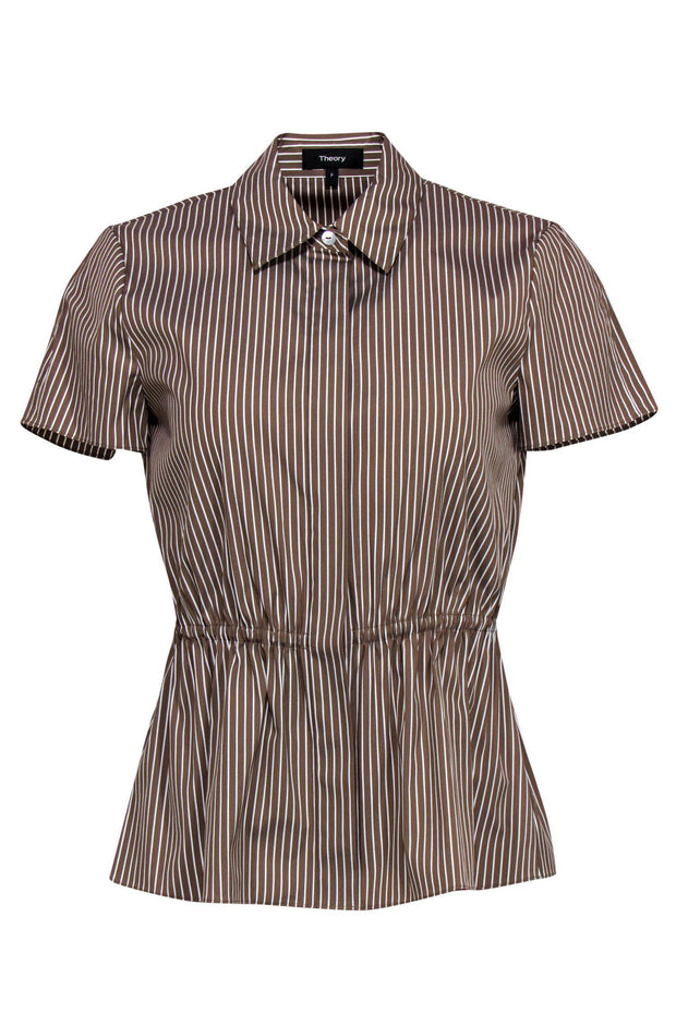 Current Boutique-Theory - Tan & White Striped Short Sleeve Button-Up Blouse w/ Peplum Hem Sz P