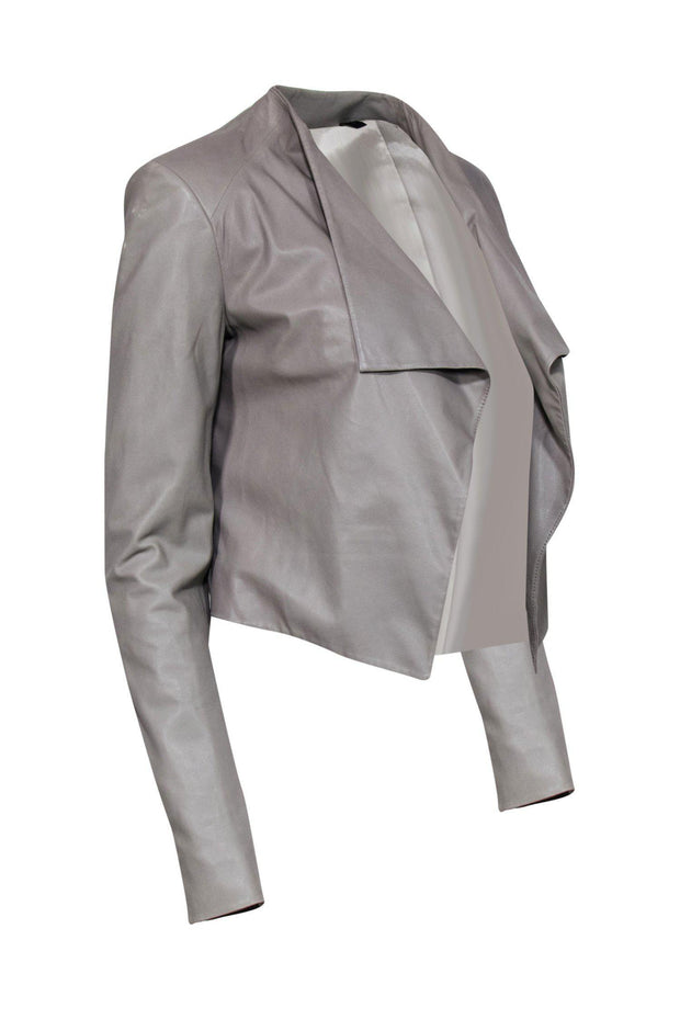 Current Boutique-Theory - Taupe Smooth Cropped Leather Open Jacket Sz P