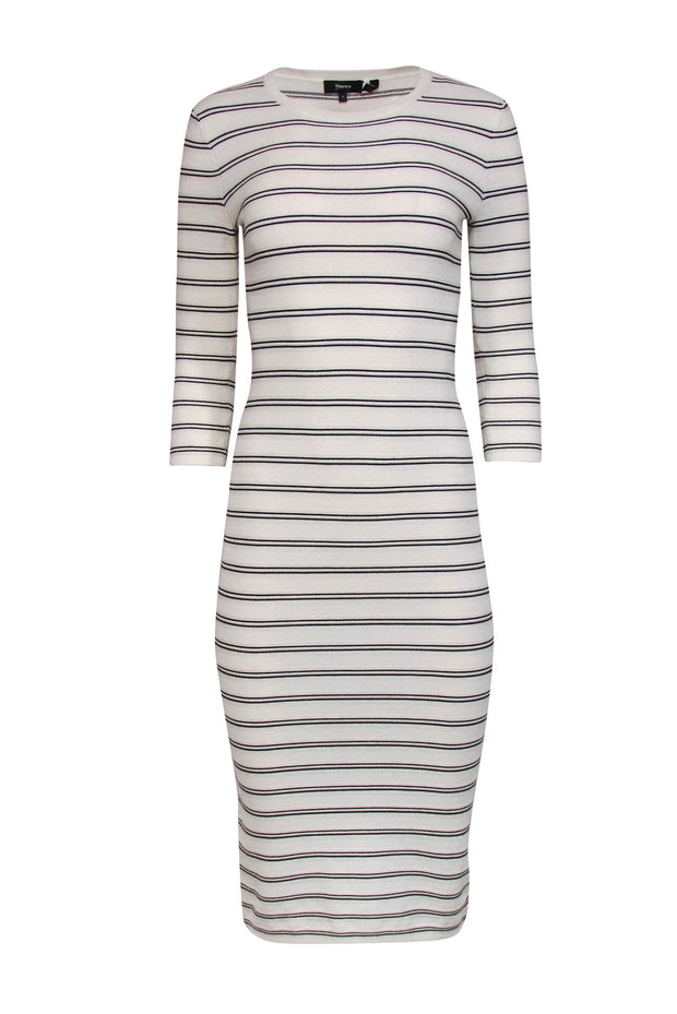 Current Boutique-Theory - White & Black Striped Long Sleeve Knit Midi Dress Sz P
